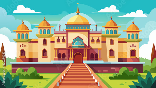 Vector art of an impressive palace with traditional architecture and a golden dome, set against a bright sky with clouds and surrounded by green trees and bushes