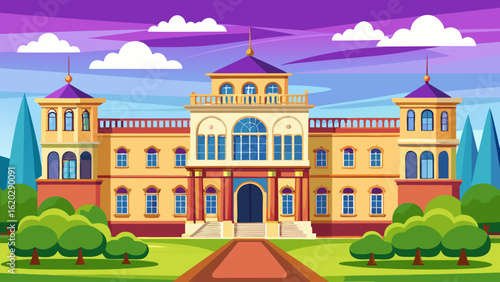 Vector art of a grand, ornate palace with classic architecture and a vibrant sky, surrounded by lush greenery and trees, evoking a sense of luxury and history