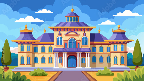 Vector art of a majestic palace featuring classic european architecture with purple accents, set in a beautiful landscape with trees and a dramatic cloudy sky