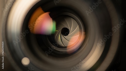 Close up of a camera lens aperture with colorful reflections on the glass