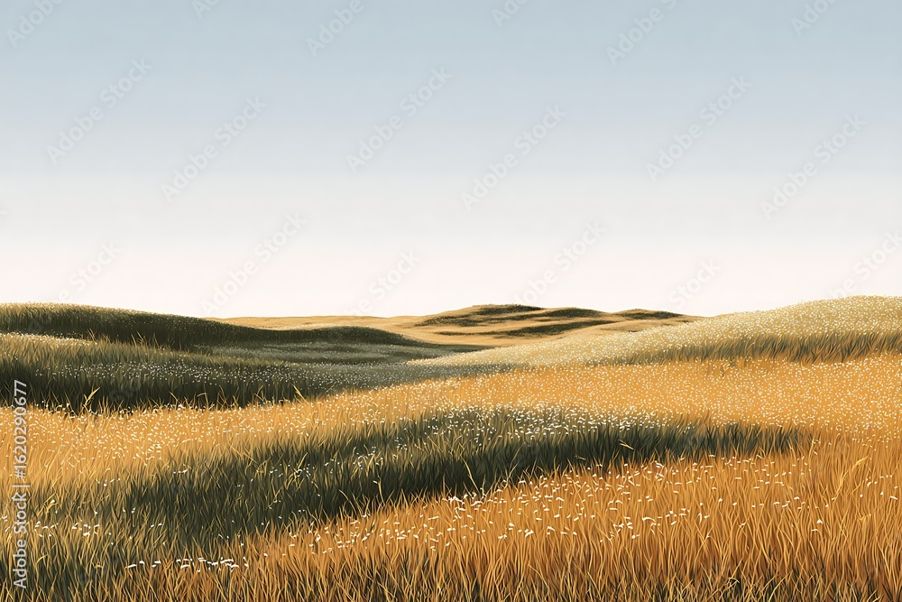 Obraz premium Golden Wheat Field with Rolling Hills Under Clear Sky