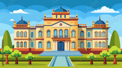 Vector art of elegant classical building featuring a central portico with a balcony, symmetrical wings, and domed towers, surrounded by a manicured lawn and trees under a blue sky