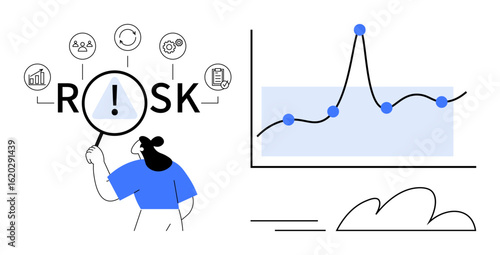 Woman with magnifying glass examining risk-related elements surrounded by icons. Line chart with data points and fluctuations. Ideal for business analysis, risk management, data visualization
