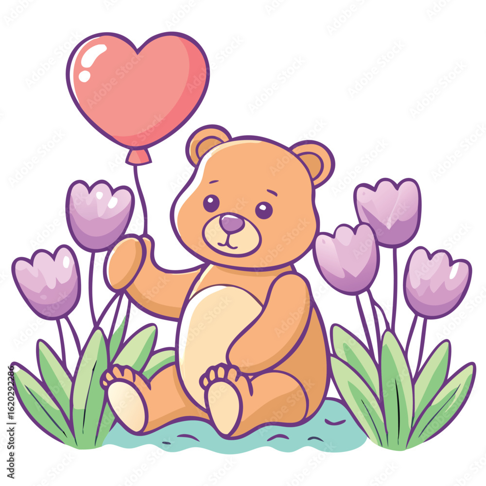 Fototapeta premium Cute Cartoon Teddy Bear Holding a Heart Balloon Among Tulips Illustration