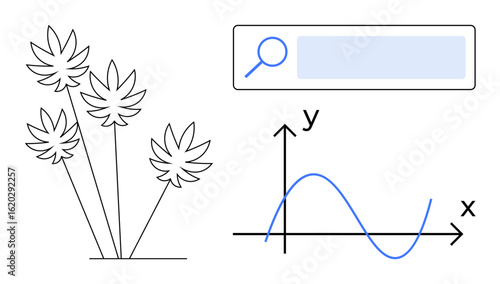 Stylized plants with spiky leaves, a search bar with magnifying glass icon, and a graph with x and y axes. Ideal for business, technology, education, creativity, science, growth simple landing page