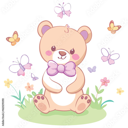 Cute Teddy Bear Sitting in the Grass with Butterflies and Flowers