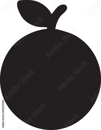Simple Black Silhouette of an Orange with a Stem and Leaf, Graphic Design Element, Fruit Illustration for Print or Web