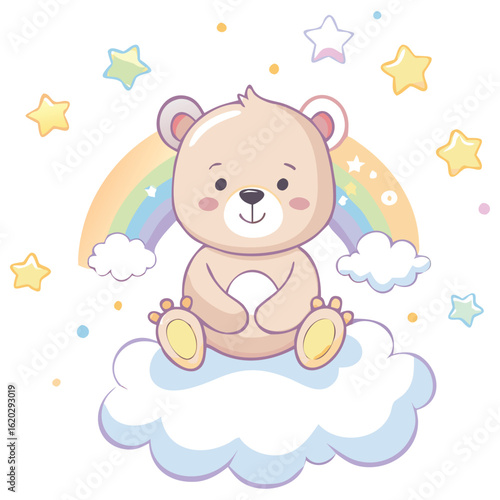 Cute teddy bear sitting on a cloud with rainbow and star decorations