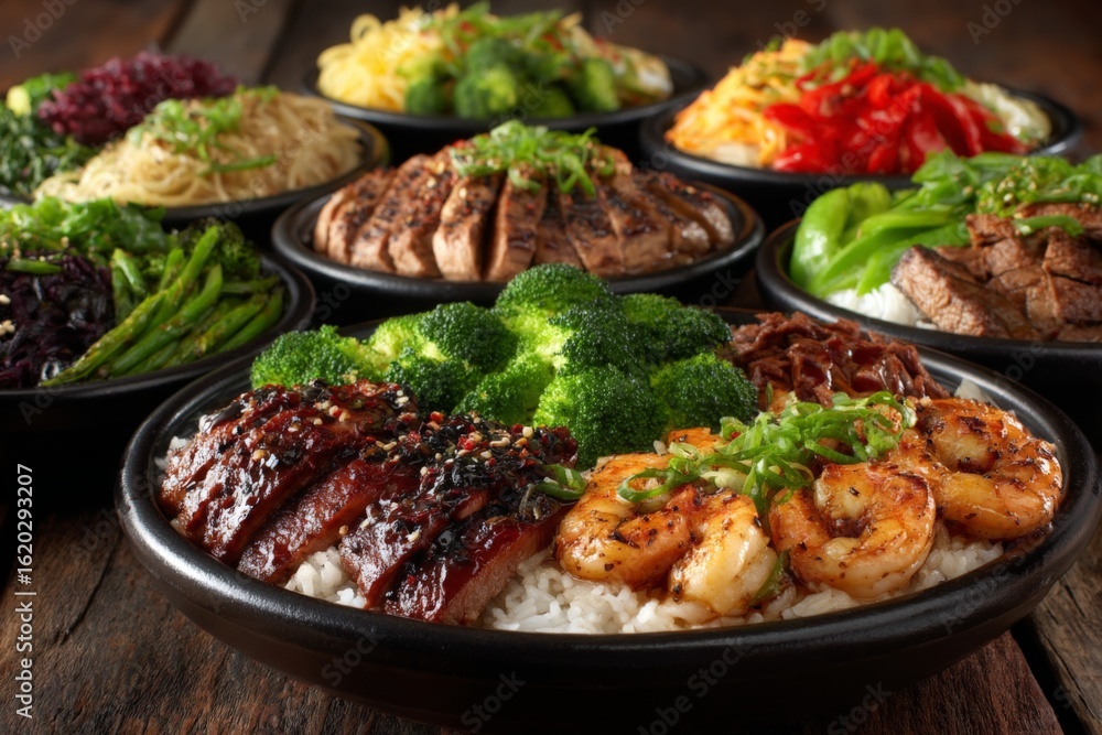 Fototapeta premium Delicious Asian-inspired meal featuring various dishes with shrimp, vegetables, and rice served on wooden table
