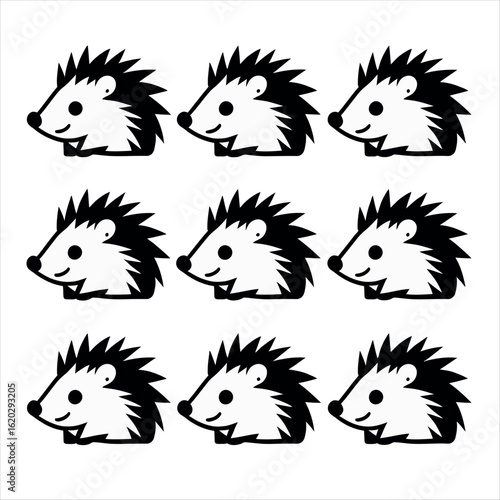 A Set of Nine Cute Black and White Hedgehog Icons or Silhouettes with Simple Faces