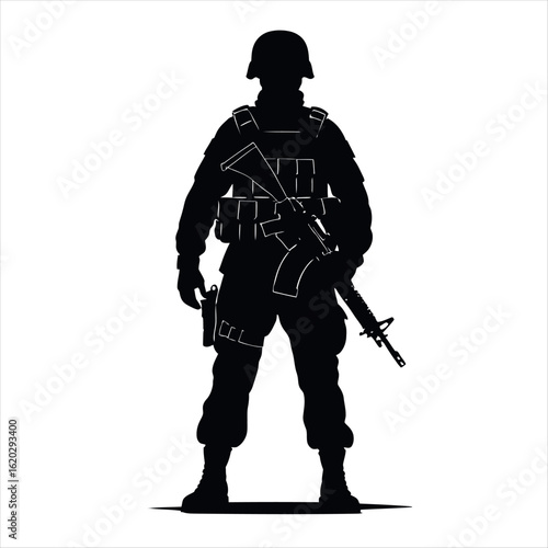 Armed military soldier in camouflage uniform with a rifle, isolated on white