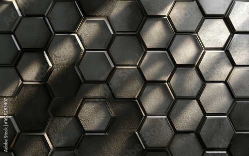 Seamless metallic honeycomb grid pattern with abstract hexagonal cells