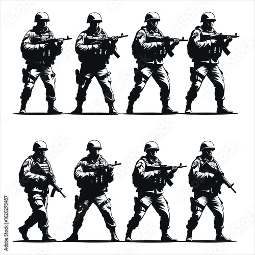 Combat military soldiers in action with weapons and armor