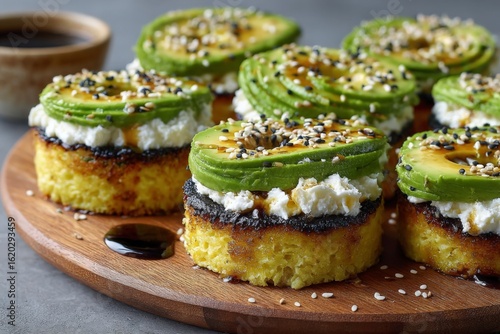 Wallpaper Mural Delicious avocado sushi cakes served on a wooden platter with sauce in a cozy dining setting Torontodigital.ca