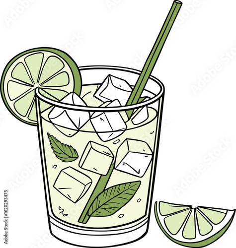 Cocktail with crushed ice cubes and lime slice