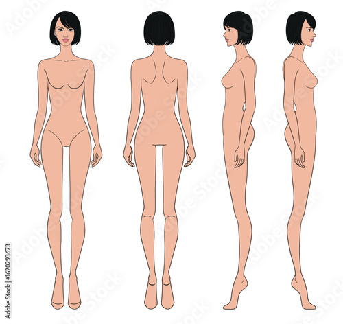 Colored fashion croquis figurines front side back view with tan skin short bob hair woman in vector.