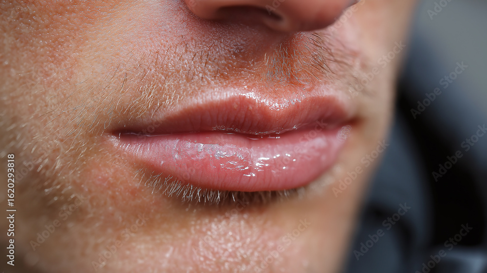 Fototapeta premium Close up lip balm application on masculine lips with hydrated skin texture and facial hair detail