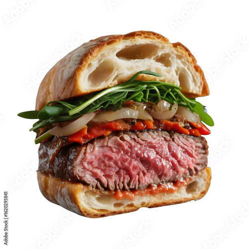 Rare Beef Sandwich with Grilled Vegetables on Crispy Artisan Bread
