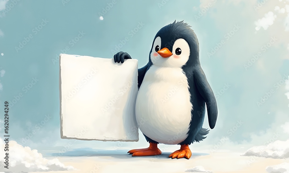 Obraz premium Chubby cartoon penguin holding blank white sign against snowy light blue sky