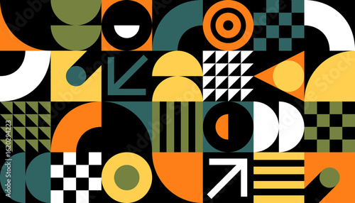 Colorful geometric pattern of circles, triangles, squares, and arrows in vibrant orange, green, yellow, and black. Symmetrical, high-contrast design offers a modern abstract aesthetic.