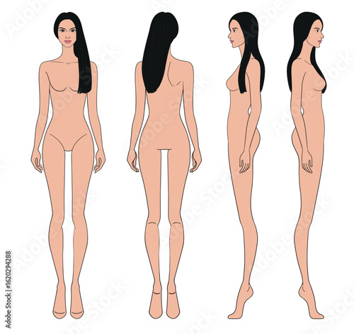 Colored fashion croquis figurines front side back with tan skin straight long hair woman in vector.