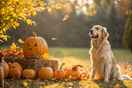 Golden retriever with carved pumpkin and autumn leaves