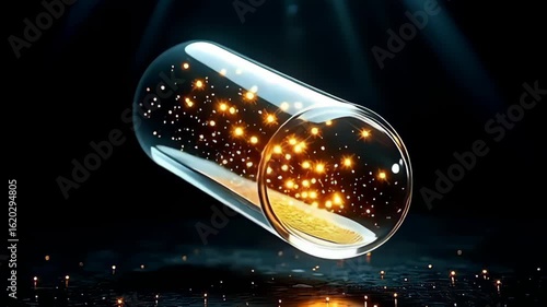 In a dreamlike realm, soft glimmers of luminescent dust envelop a floating glass capsule filled with dancing fireflies, gently rotating in a slow, fluid motion, as intricate rays of light
