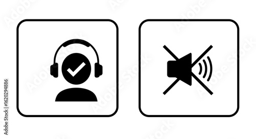 Headphones user with checkmark symbol and muted sound icon