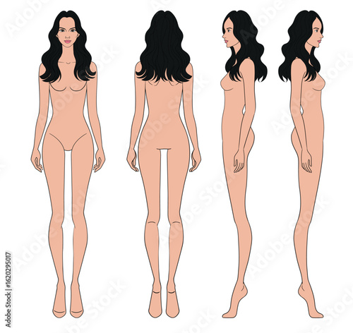 Colored fashion croquis figurines front side back view with tan skin curly long hair woman in vector.