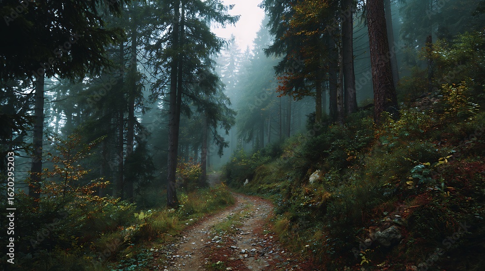 Fototapeta premium Misty Forest Path in Dense Green Woodland with Tall Trees and Foggy Atmosphere