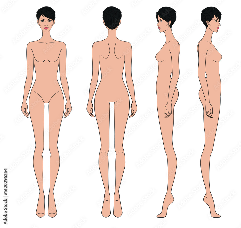 Fototapeta premium Colored fashion croquis figurines front side back view with tan skin short hair woman in vector.
