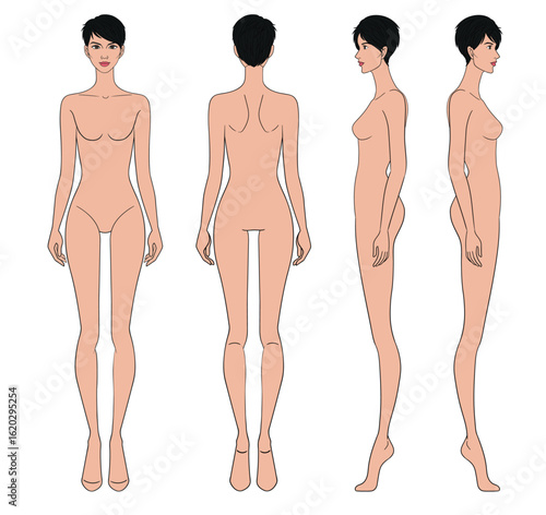Colored fashion croquis figurines front side back view with tan skin short hair woman in vector.