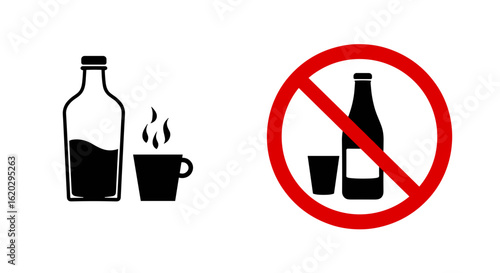 Bottle and cup with steam, no alcohol symbol on white background