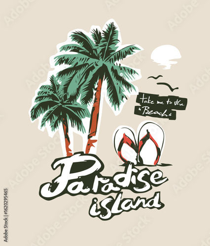 paradise island slogan with palm trees and sandals vector illustration