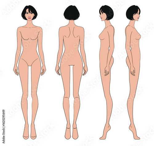 Colored fashion croquis figurines front side back view with tan skin short bob hair woman in vector.