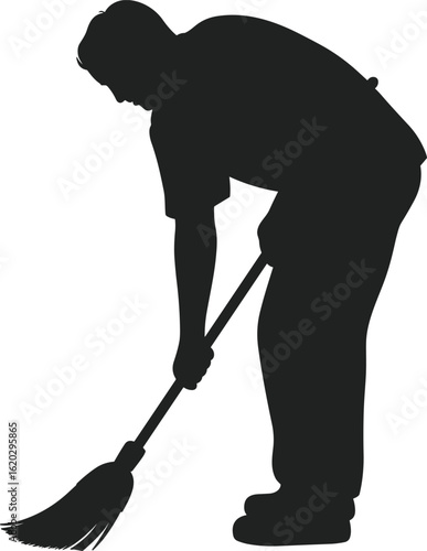 Cleaning worker silhouette, man sweeping floor, janitor with broom, maintenance staff outline, cleaner pose vector, sanitation job shadow, housekeeper silhouette icon image