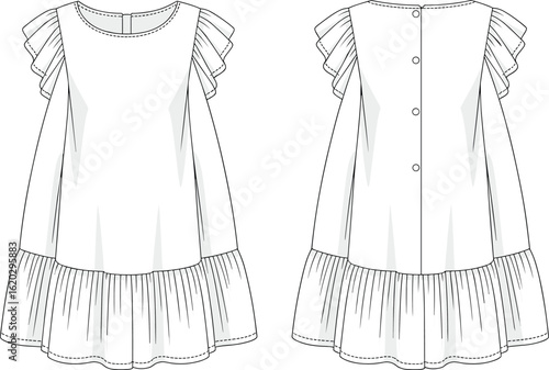 Children's Ruffle Sleeve Drop Waist Dress Flat Sketch, Kids Apparel Technical Drawing, Fashion Design Template, CAD Illustration for Adobe Stock