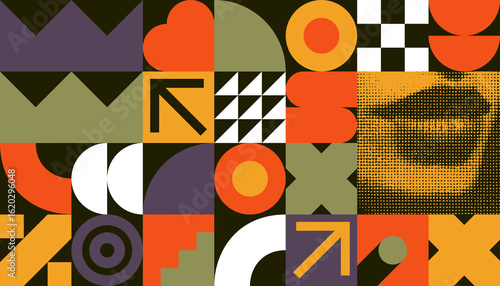 Wallpaper Mural Abstract geometric vector illustration with bold shapes, halftone texture, and retro color palette. Perfect for modern art, posters, branding, and creative design projects. Torontodigital.ca