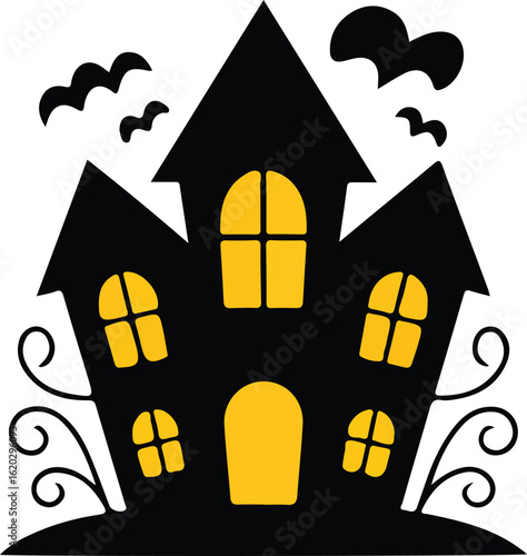 Spooky silhouette halloween house with bats and glowing windows