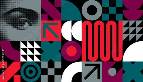 Bold abstract vector artwork with geometric shapes, halftone eye detail, and a modern retro color scheme. Ideal for posters, branding, digital art, and creative compositions.