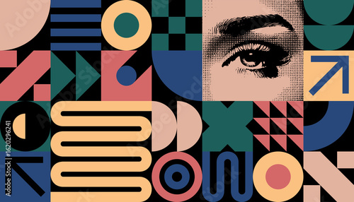 Wallpaper Mural Pop art inspired collage with a halftone eye detail amidst a grid of bold geometric shapes in muted, earthy tones and black, creating a sophisticated abstract pattern. Torontodigital.ca