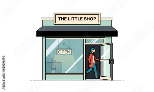Flat vector illustration of a person leaving a small local business or little shop storefront.