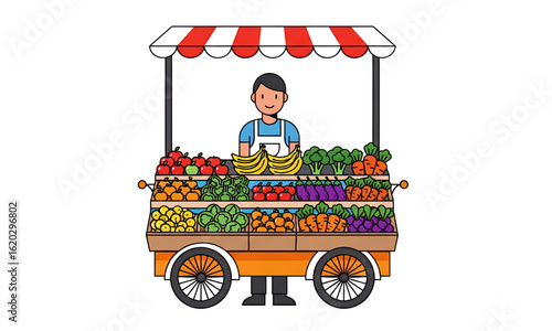 Illustration of a friendly vendor at a farmers market stall with fresh fruits and vegetables.