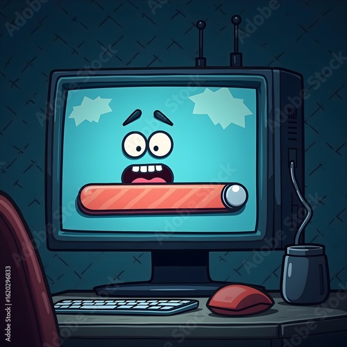 Cartoon screen with tired expression displaying a loading bar, humorous tech clipart concept