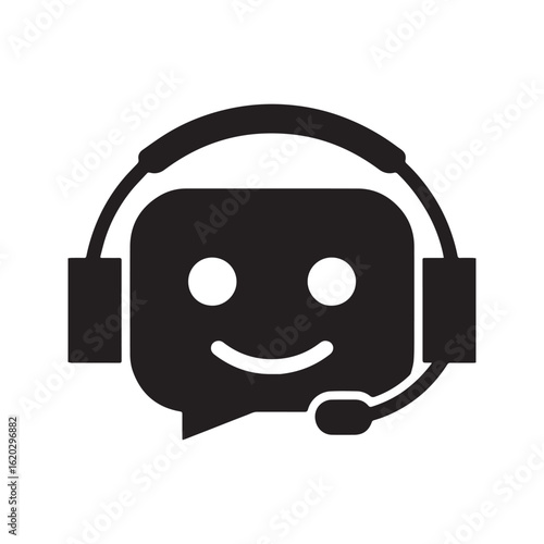 Happy customer support icon, smiley face in speech bubble with headset, symbol for friendly service and positive feedback