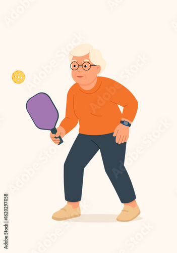 A minimalist illustration of an senior woman playing pickleball, showcasing active seniors and a healthy, engaged lifestyle through sports
