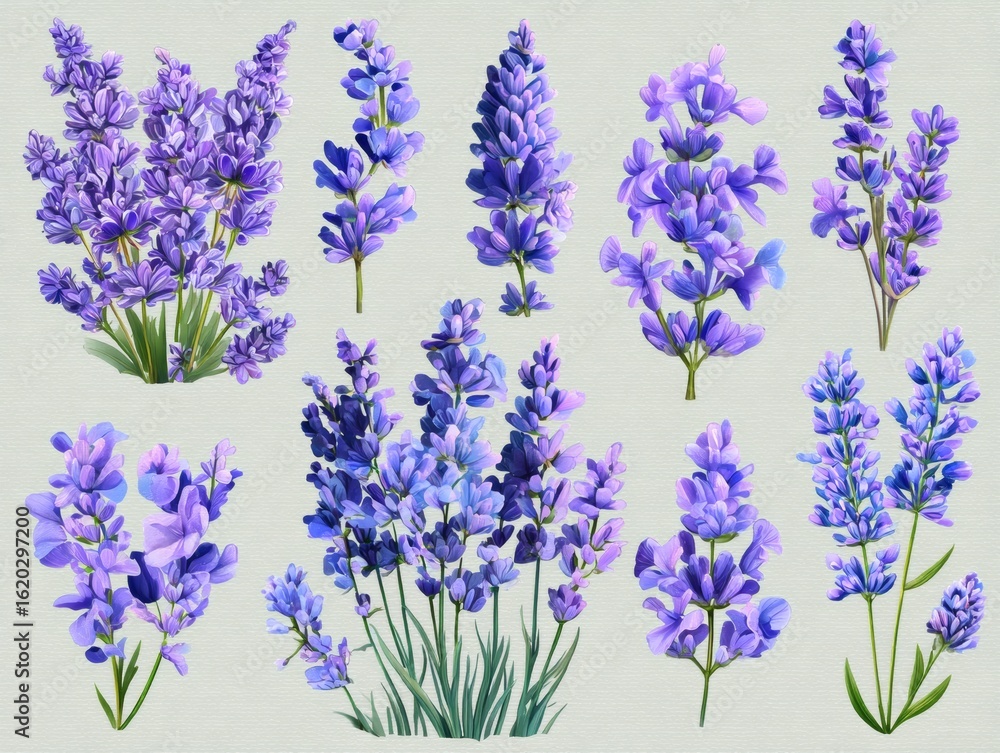 Fototapeta premium Watercolor lavender bouquet with flying purple butterflies isolated on white for floral design and decor, purple clipart