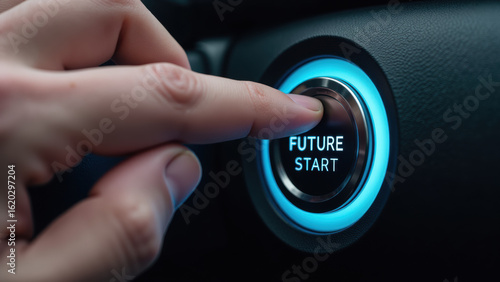 Hand pressing futuristic start button in vehicle, symbolizing innovation and technology. button glows blue, indicating activation
