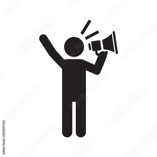 Man with megaphone icon, symbol for announcement, protest, and public speaking, stick figure vector