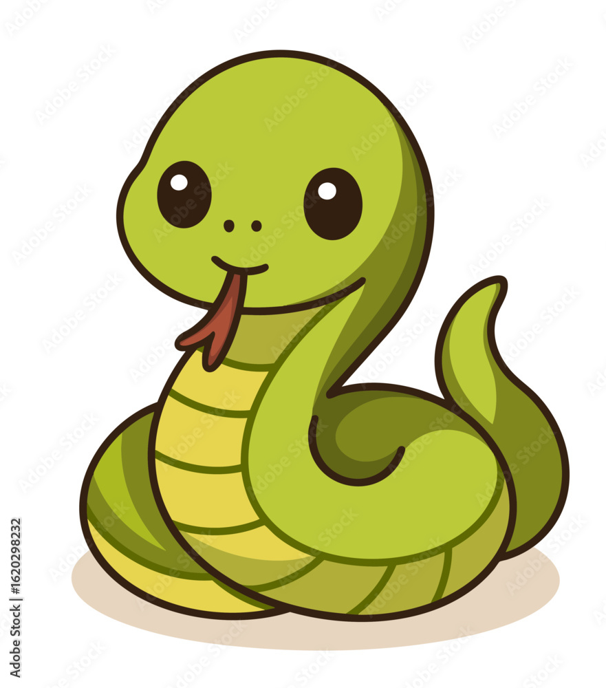 Fototapeta premium Cute green snake with a friendly face, designed in a cheerful kawaii style. Perfect for nature-themed projects, wildlife illustrations, or children’s content.